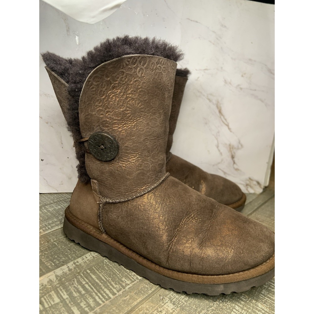 Womens Ugg Bailey Button Sparkle Glimmer Boots 5809‎ Gold Glitter Size W 6 Rare